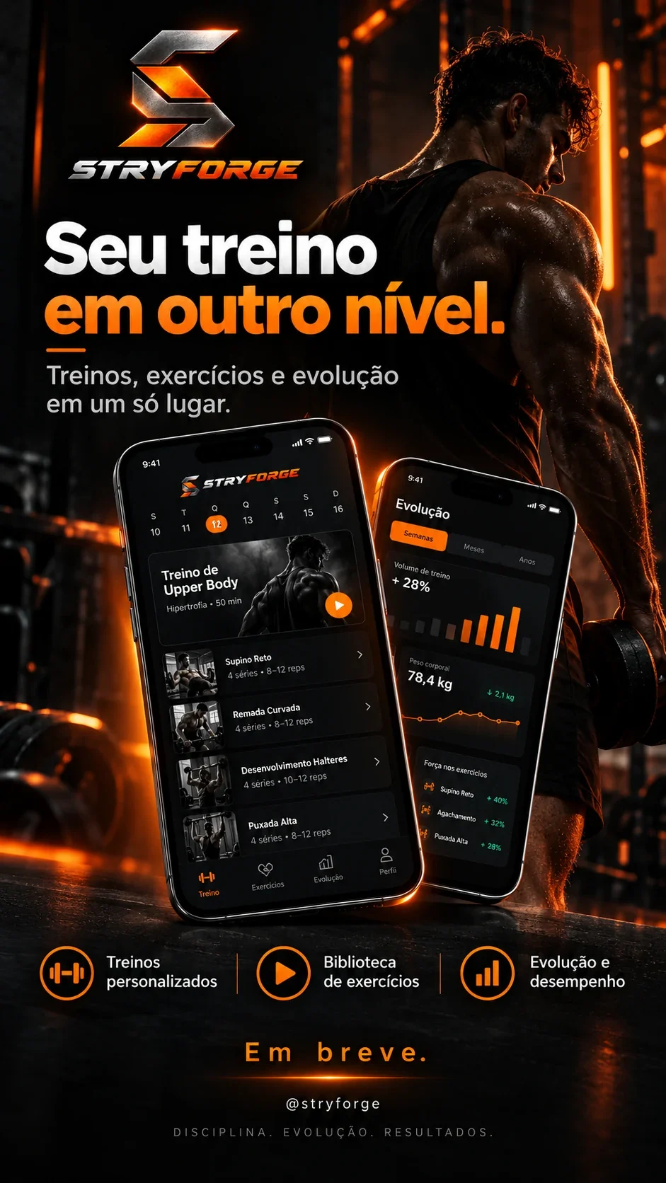Arte conceitual STRYFORGE com atleta e telas do aplicativo